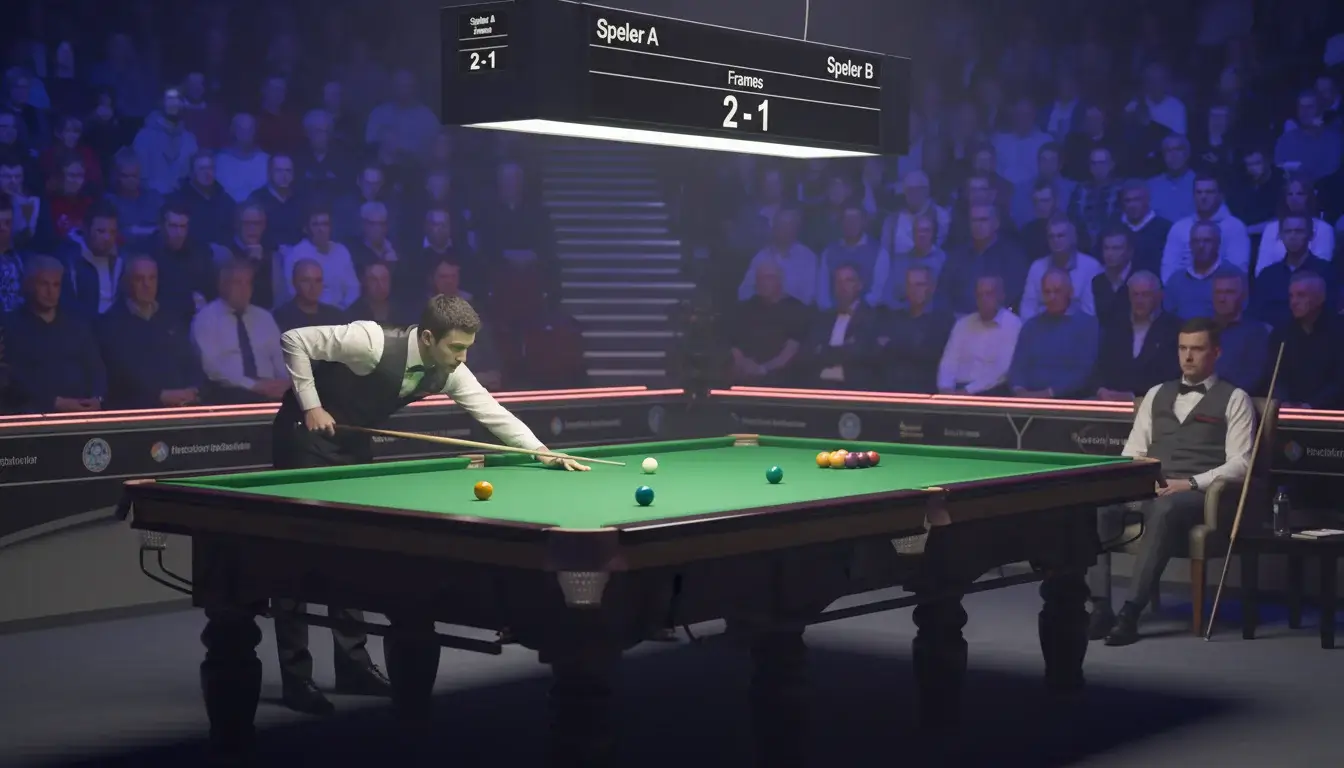 Snookerwedstrijd in volle gang met scorebord en toeschouwers op de tribune