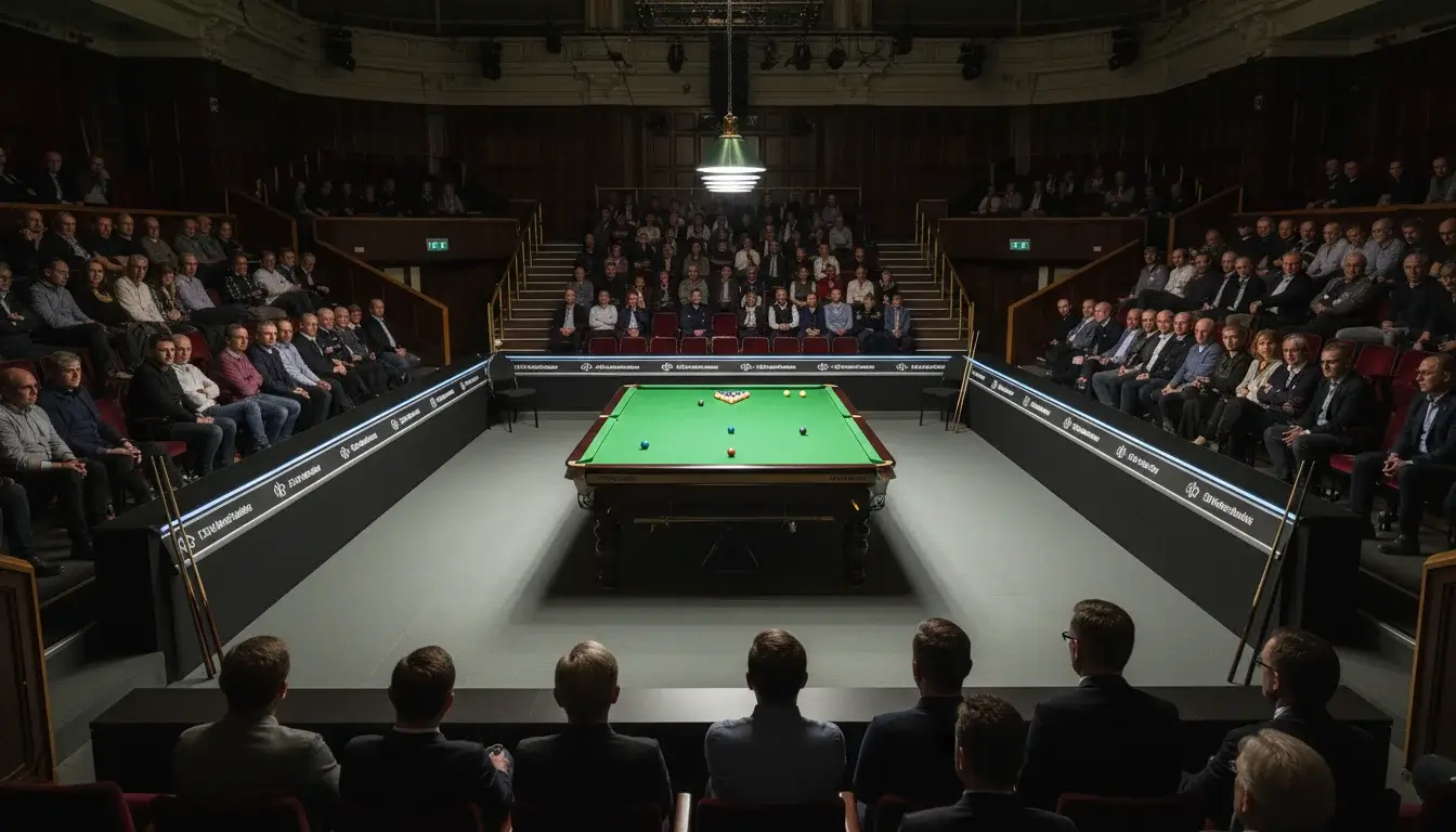 Het Crucible Theatre in Sheffield tijdens het WK Snooker met publiek en speeltafel